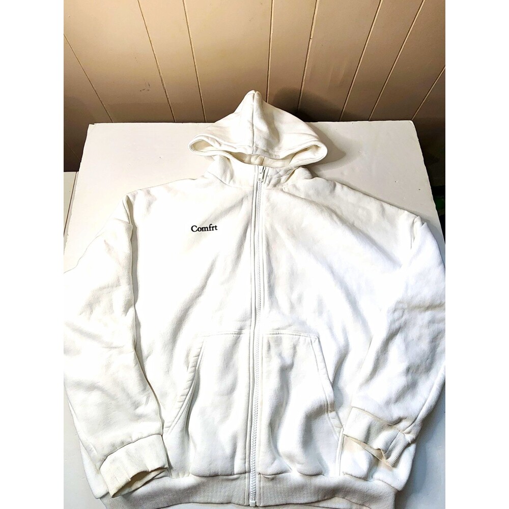 Comfrt Full Zip Fleece Hoodie Adults XL White Solid Hooded Chest Logo Oversized